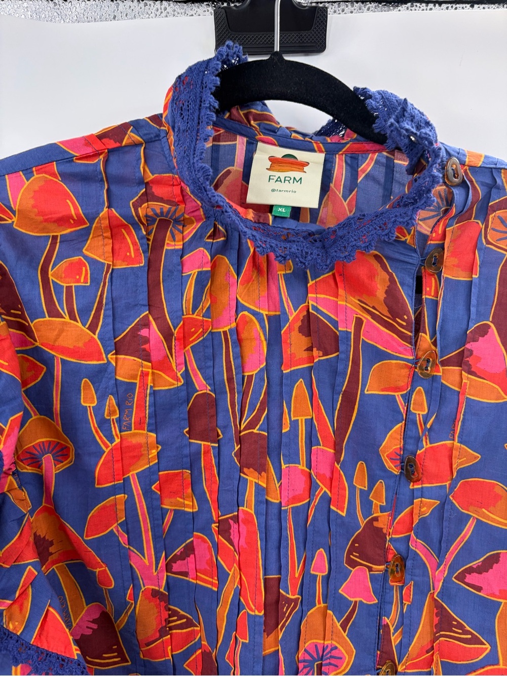 Farm Rio bohemian boho bright blue mushroom sketch button ruffle blouse size xl - Picture 4 of 15